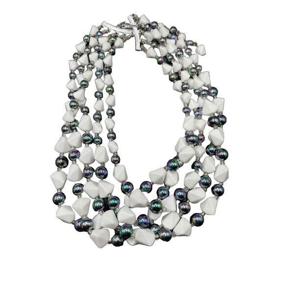 Art Glass Necklace Blue White Multi 5 Strand Bib Marked Japan Estate Jewelry - Picture 1 of 2